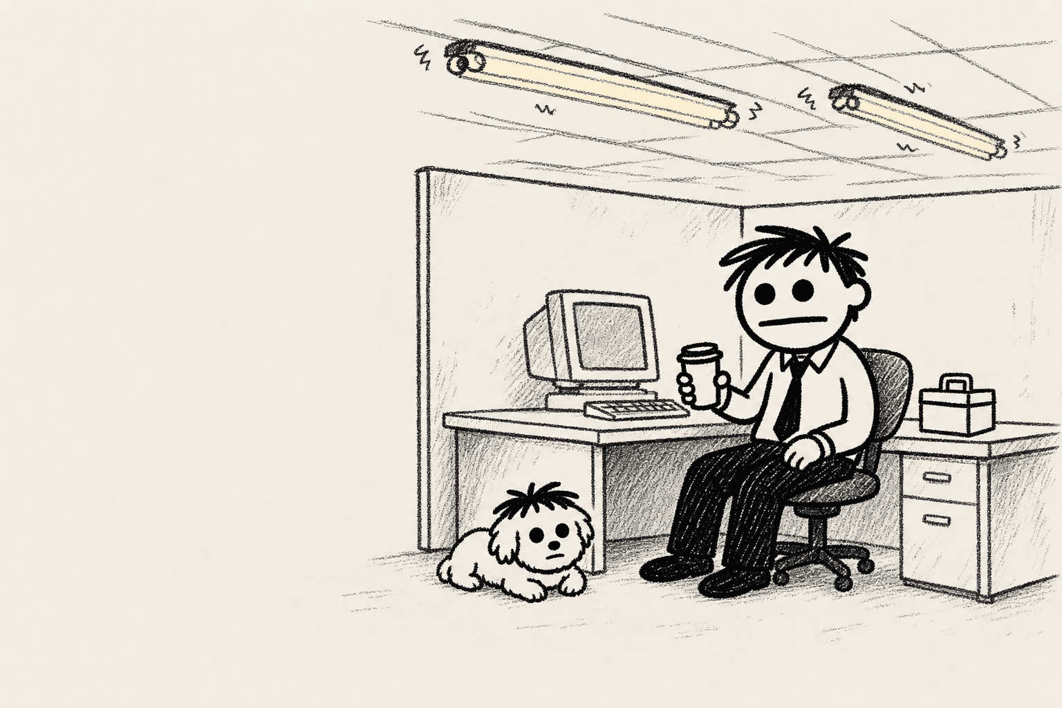 Dave sits in a plain cubicle beneath buzzing fluorescent lights while Snowy rests beside the desk.