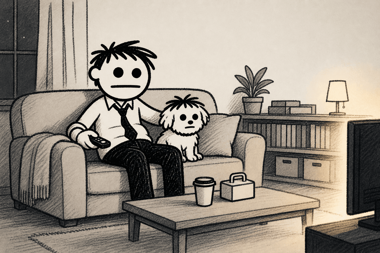 Dave and Snowy sit together on a sofa watching their own media in a quiet room at night.