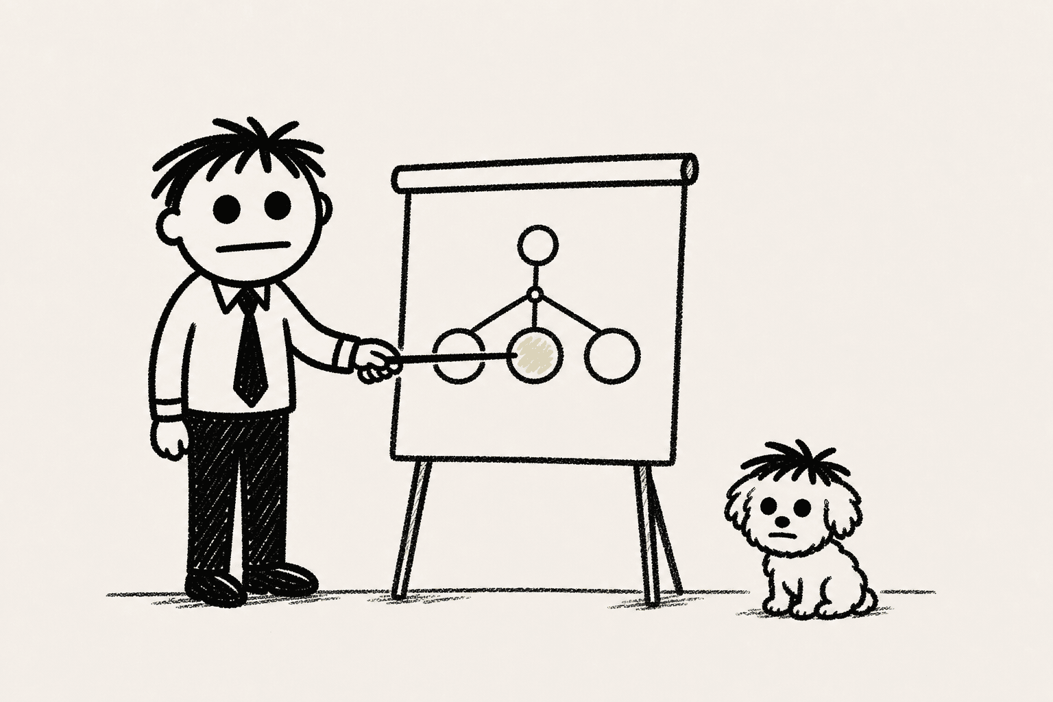 Dave explains a simple three-part system while Snowy quietly fact-checks him.